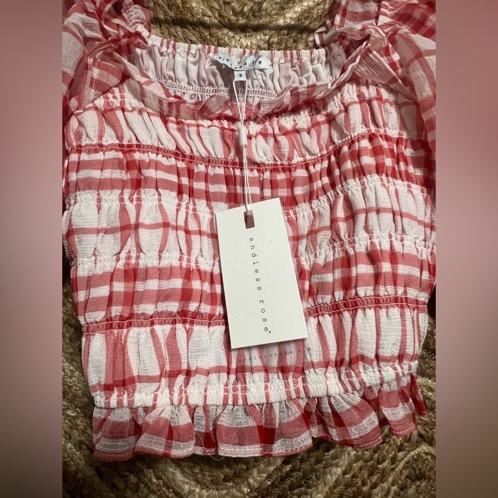 Endless Rose Women's Red/White Gingham Smocked Top, Size S, Brand New, NWT - Picture 2 of 11